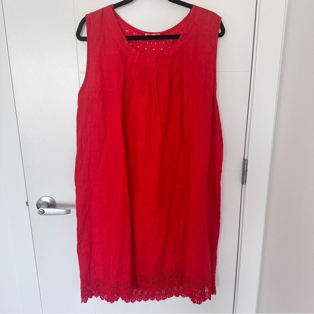 Bellambia Made in Italy 100% Linen Dress Size 2X Red Sleeveless Crochet Lace Hem